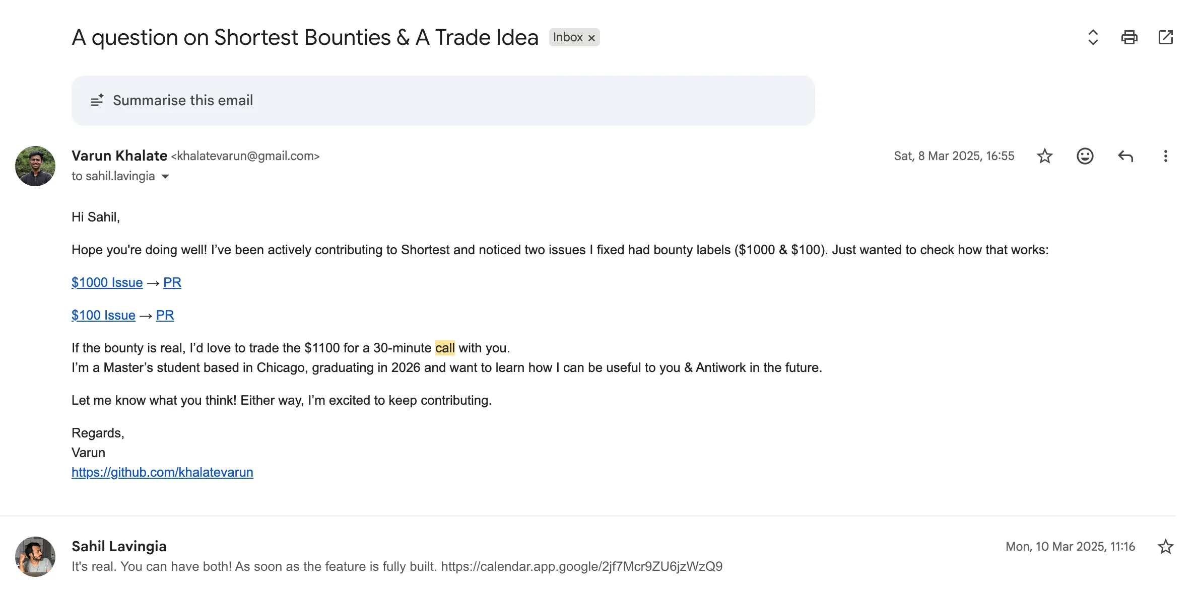 Cold email to Sahil Lavingia about Shortest bounties